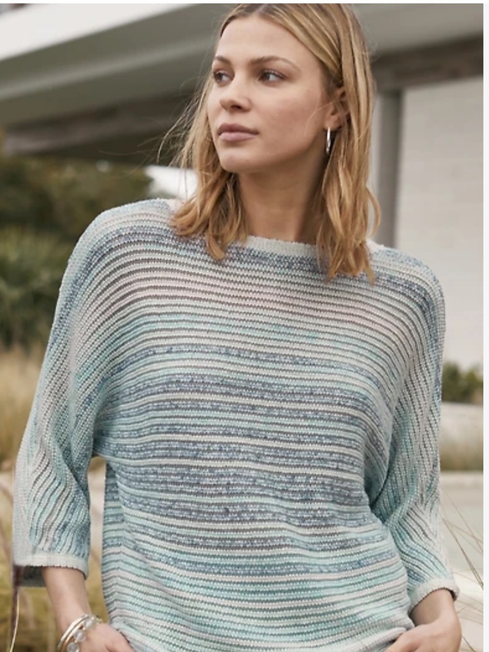 J. Jill Pure Jill Blue Green Striped Cotton Linen 3/4 Sleeve Sweater